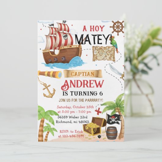 Personalized pirate child's birthday einladung (Stehend Vorderseite)