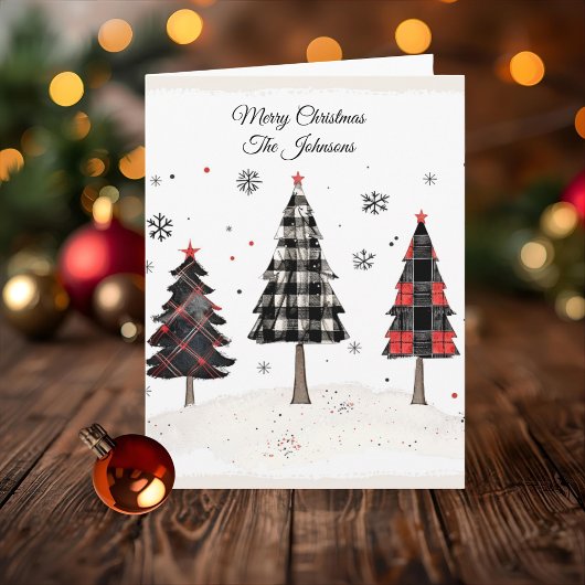 Personalized Plaid Christmas Tree Family Name Karte