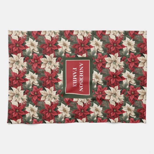 Personalized Poinsettia Towel Chic Christmas Style Geschirrtuch (Horizontal)