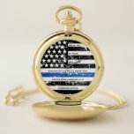 Personalized Police Retirement Thin Blue Line Flag Taschenuhr<br><div class="desc">Celebrate and show your appreciation to an outstanding Police Officer with this Thin Blue Line Retirement or Anniversary Police Pocket Watch - American flag design in Police Flag colors, distressed design . Perfect for service awards and Police Retirement gifts . Personalize this police retirement watch with name and badge #...</div>