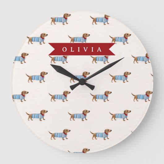 Personalized Preppy Cute Dachshund Dog Pattern Große Wanduhr (Vorderseite)