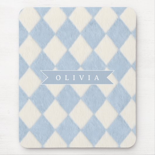 Personalized Preppy Soft Blue Fuzzy Argyle Name Mousepad (Vorne)