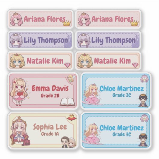 Personalized Princess Name Labels – Pastel Kawaii (Vorderseite)