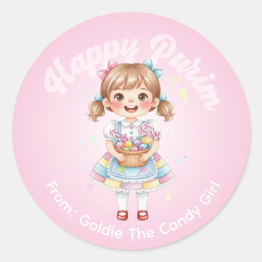 Personalized Purim Sticker – Candy Girl Theme (Vorderseite)