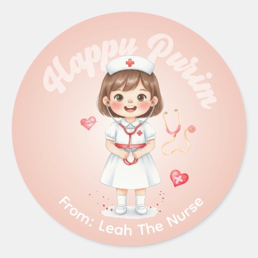 Personalized Purim Sticker – Nurse Theme (Vorderseite)