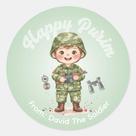 Personalized Purim Sticker – Soldier Theme (Vorderseite)