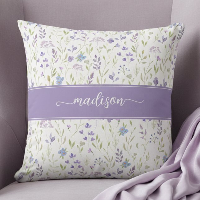 Personalized Purple Floral Monogram Kissen (pretty purple blue wildflower floral pattern throw pillow with custom name monogram in calligraphy)