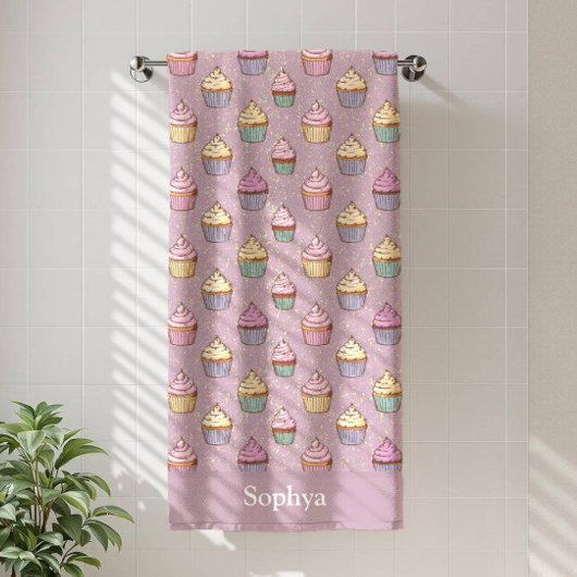 Personalized Purple Glitter Cupcake Strandtuch