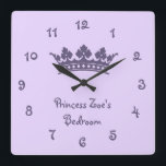 Personalized Purple Princess Girl's Bedroom Quadratische Wanduhr<br><div class="desc">Personalized Purple Princess Girl's Bedroom wall clock. Background color can be customized to white or other coordinating color of your choosing. click Customize</div>