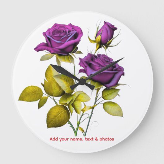 Personalized Purple Rose Wall Clock | Add Your Große Wanduhr (Vorderseite)