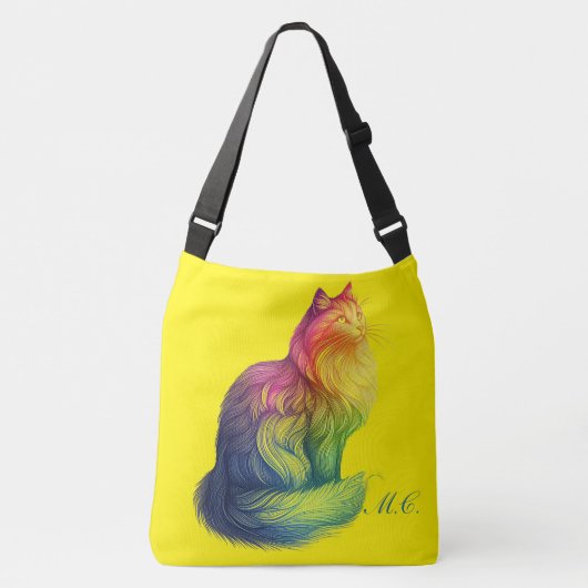 Personalized Rainbow Cat Monogram Tragetaschen Mit Langen Trägern (Vorderseite)