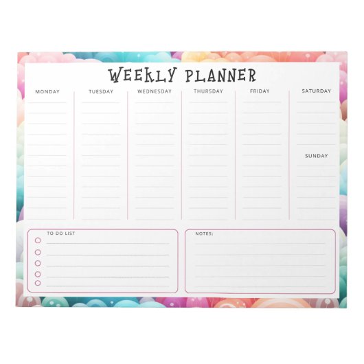 Personalized Rainbow Cloud Border, Weekly Planner Notizblock (Vorderseite)