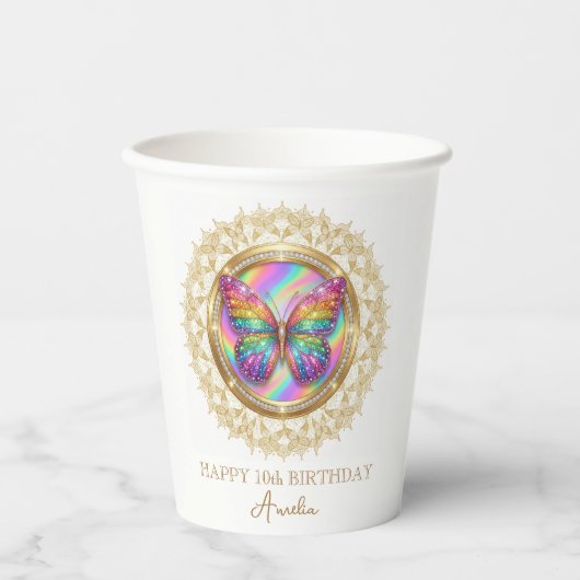 Personalized Rainbow Glitter Butterfly Lace Party Pappbecher (Vorderseite)