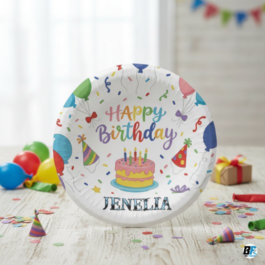 Personalized Rainbow Happy Birthday Cake Balloons Pappteller