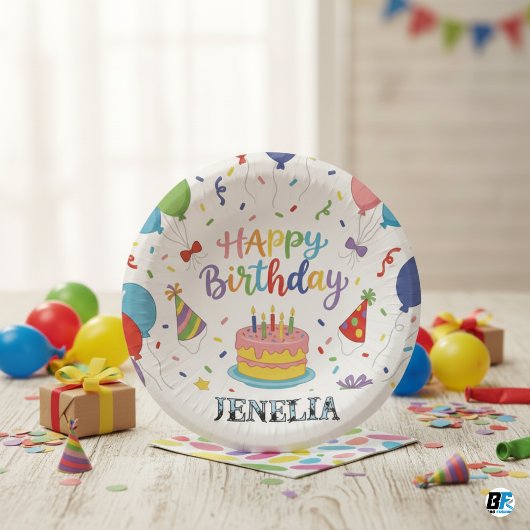Personalized Rainbow Happy Birthday Cake Balloons Pappteller
