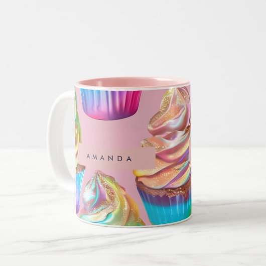 Personalized Rainbow Pastel Cupcake with Glitter Zweifarbige Tasse (Vorderseite Links)