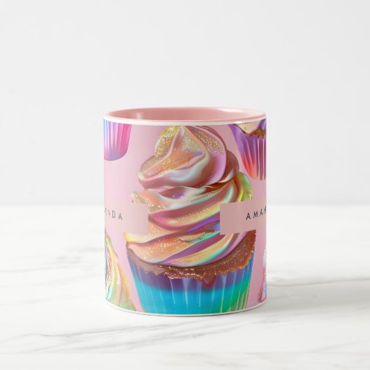 Personalized Rainbow Pastel Cupcake with Glitter Zweifarbige Tasse (Mittel)