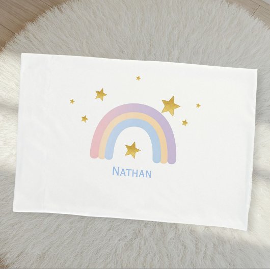 Personalized Rainbow Pillow Cover with Gold Stars 