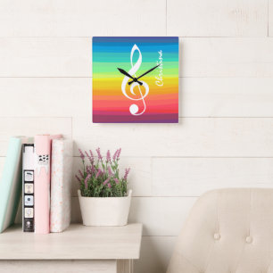 Personalized Rainbow Watercolor Treble Clef Quadratische Wanduhr