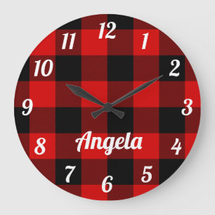 Personalized Red and Black Buffalo Plaid Große Wanduhr