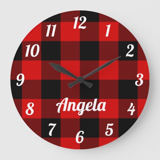 Personalized Red and Black Buffalo Plaid Große Wanduhr (Vorderseite)