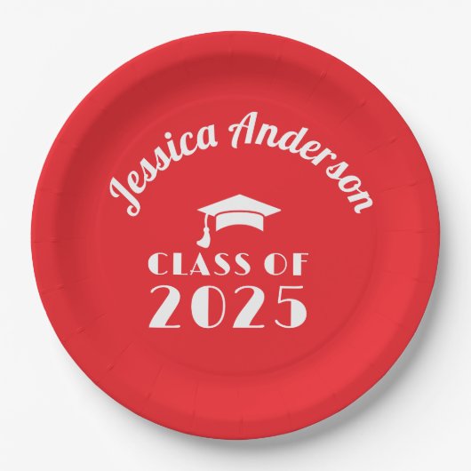 Personalized Red and White Graduation  Pappteller (Vorderseite)