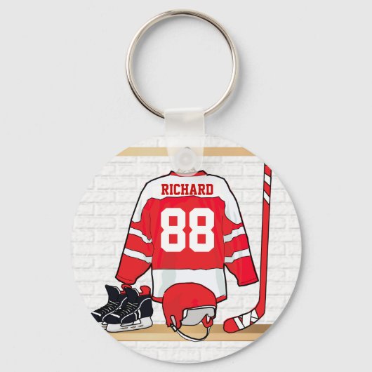 Personalized Red and White Ice Hockey Jersey Schlüsselanhänger (Vorderseite)