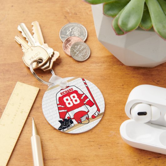 Personalized Red and White Ice Hockey Jersey Schlüsselanhänger (Schreibtisch)