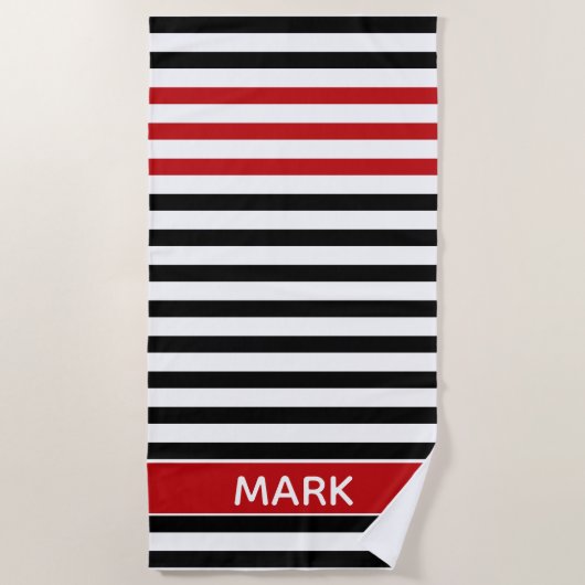 Personalized Red Black And White Multi Stripe Strandtuch (Vorderseite)