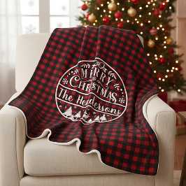 Personalized Red & Black Plaid Merry Christmas Sherpadecke