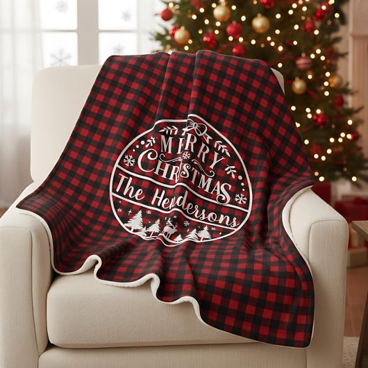 Personalized Red & Black Plaid Merry Christmas Sherpadecke