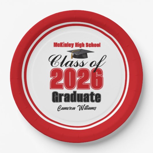 Personalized Red Class of 2026 Graduation Party Pappteller (Vorderseite)
