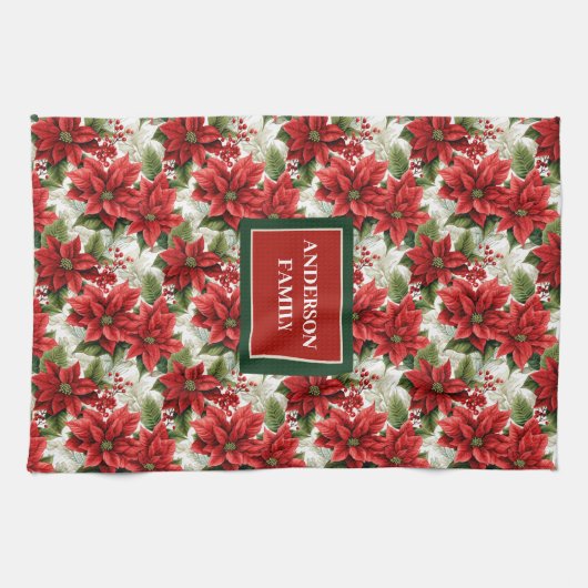 Personalized Red Floral Towel Elegant Christmas Geschirrtuch (Horizontal)