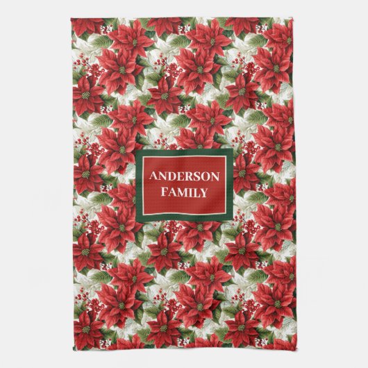 Personalized Red Floral Towel Elegant Christmas Geschirrtuch (Vertikal)