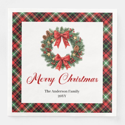 Personalized Red Green Plaid Christmas Wreath Serviette (Vorderseite)