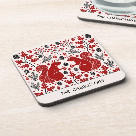 Personalized Red Squirrels in the Forest Getränkeuntersetzer (Linke Seite)