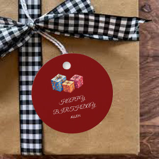 Personalized Red & White "Happy Birthday"Round Geschenkanhänger