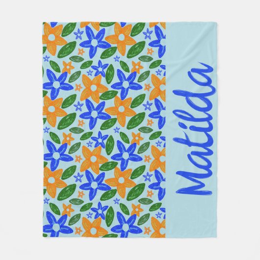 Personalized Retro Blue & Orange Floral Fleecedecke (Vorderseite)