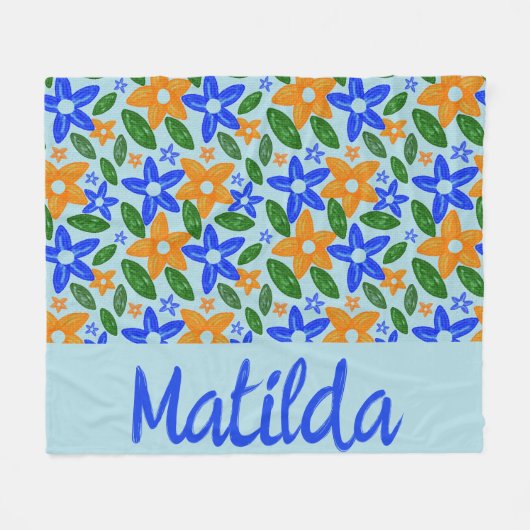 Personalized Retro Blue & Orange Floral Fleecedecke (Vorderseite (Horizontal))