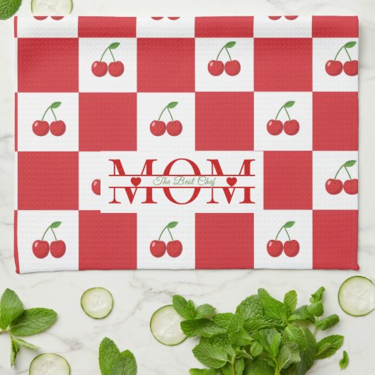 Personalized Retro Red Cherry & Gingham Checkered  Geschirrtuch (Gefaltet)