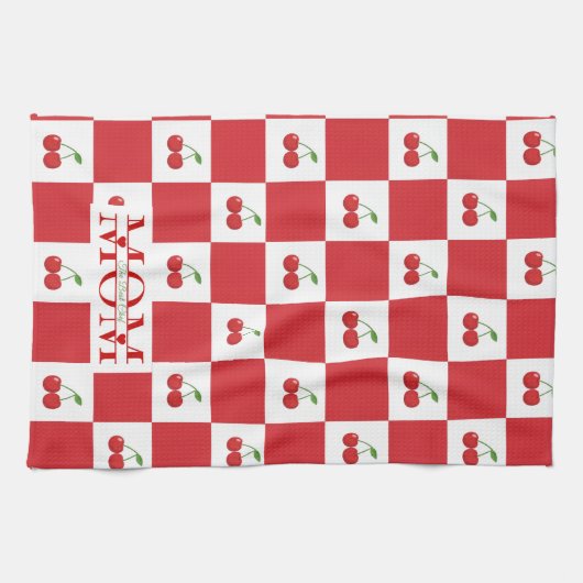 Personalized Retro Red Cherry & Gingham Checkered  Geschirrtuch (Horizontal)