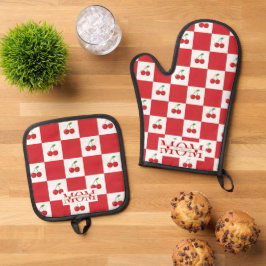 Personalized Retro Red Cherry & Gingham Checkered  Ofenhandschuh & Topflappen-Set