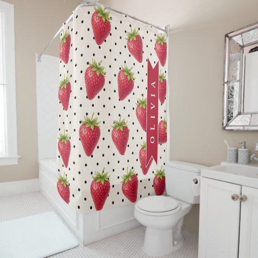 Personalized Retro Strawberry Polka Dot Vintage Duschvorhang (Beispiel)