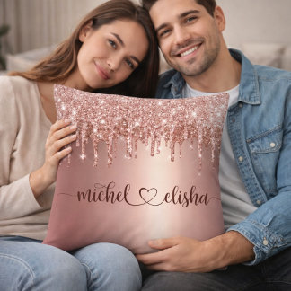 Personalized Rose Gold Glitter Drip Couple Names Kissen