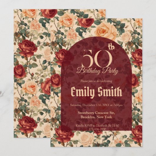 Personalized Rose Sparkle 50Th Birthday Einladung (Vorne/Hinten)