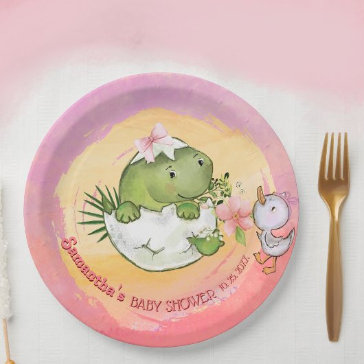 Personalized Round Dino & Duckling Baby Shower Pappteller