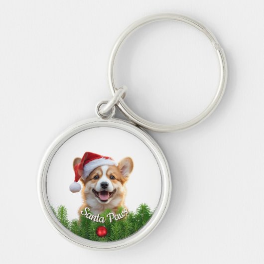 Personalized Round Keychain – Santa Paws Corgi  Schlüsselanhänger (Vorne)