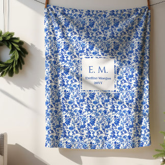 Personalized Royal Blue Floral Toile Cozy Blanket Sherpadecke