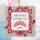 Personalized Ruby Red Tiara & Butterflies Keramikornament
