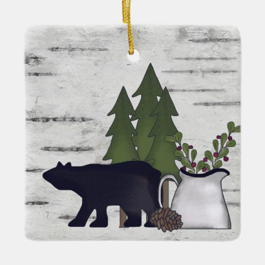 Personalized Rustic Country Bear Birch Christmas Keramikornament (Vorderseite)